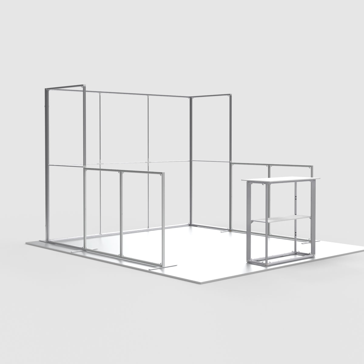 Bare aluminum frame structure of a 10ft U-shaped modular QSEG 40 trade show booth display with front counter frame.