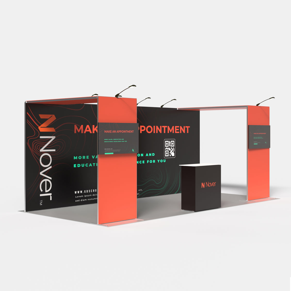 20ft QSEG 40 trade show booth display featuring dual overhead bridges, backwall graphics, and custom presentation counter.