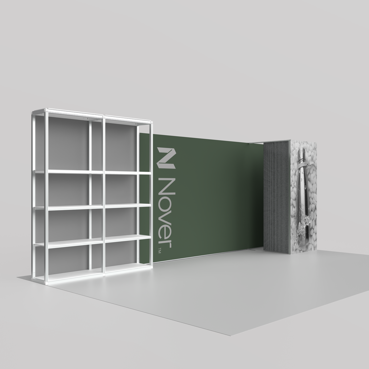 A modular 20ft trade show booth featuring a dark backdrop wall with integrated shelving units, an enclosed storage closet, a display counter, and a functional layout designed for product merchandising and customer interactions.