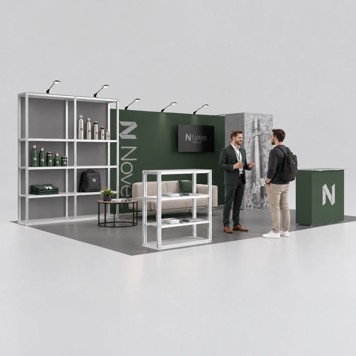 A modular 20ft trade show booth featuring a dark backdrop wall with integrated shelving units, an enclosed storage closet, a display counter, and a functional layout designed for product merchandising and customer interactions.