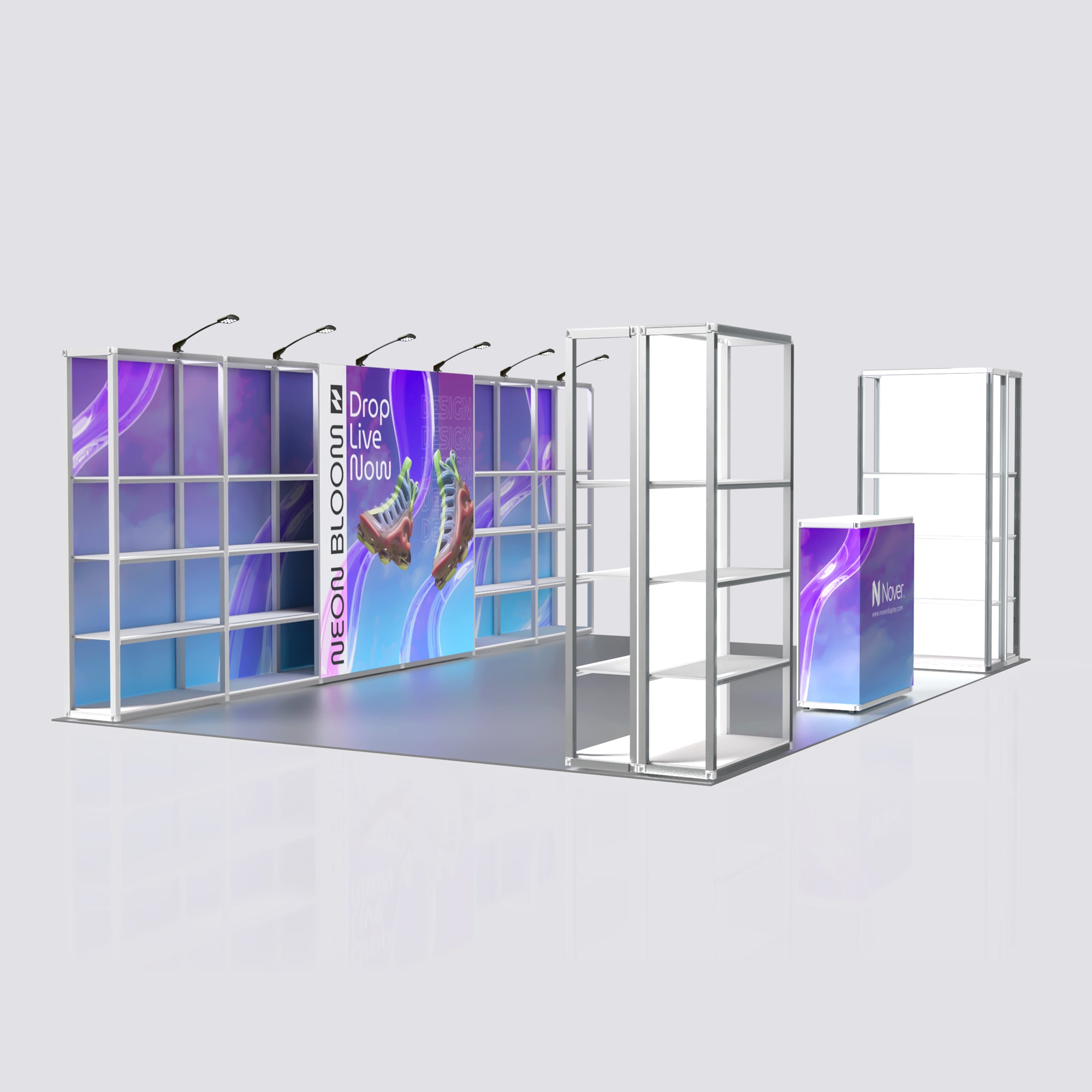 20ft modular exhibition booth display kit with white aluminum frame, featuring purple and blue printed graphic backdrops, custom counter, and integrated shelving units.