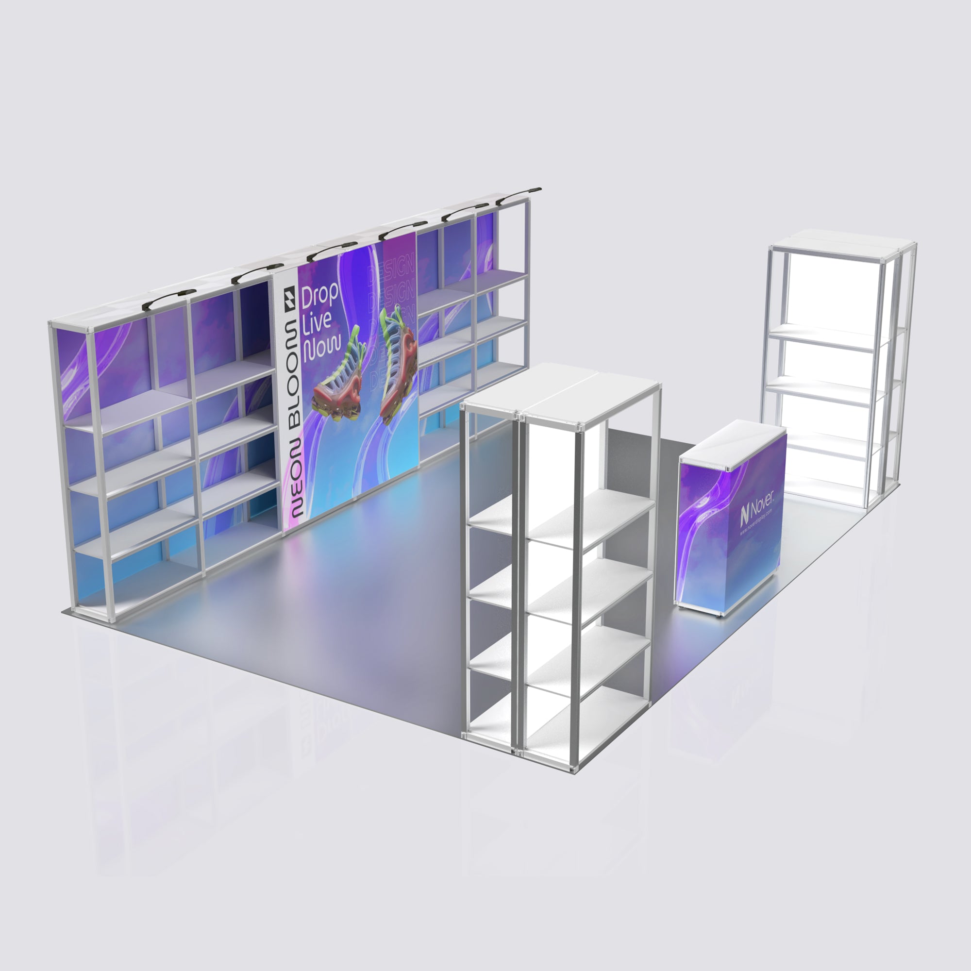 20ft modular exhibition booth display kit with a back wall featuring graphic banners and white aluminum shelving units, forward shelving display racks, and a custom counter on a light gray background.