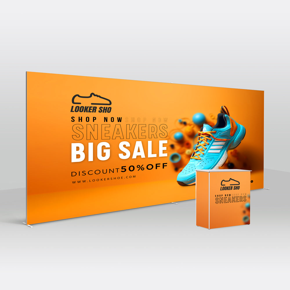 20ft Qseg 40 Booth 01 layout featuring two 10ft wide modular backdrops and a branded reception counter for trade show display