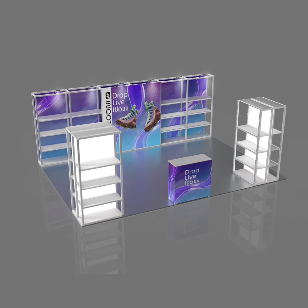 Left perspective view of a 20ft modular rack trade show booth display, with a 6-section back wall shelving, four independent shelving towers, and an illuminated neon sneaker graphic.