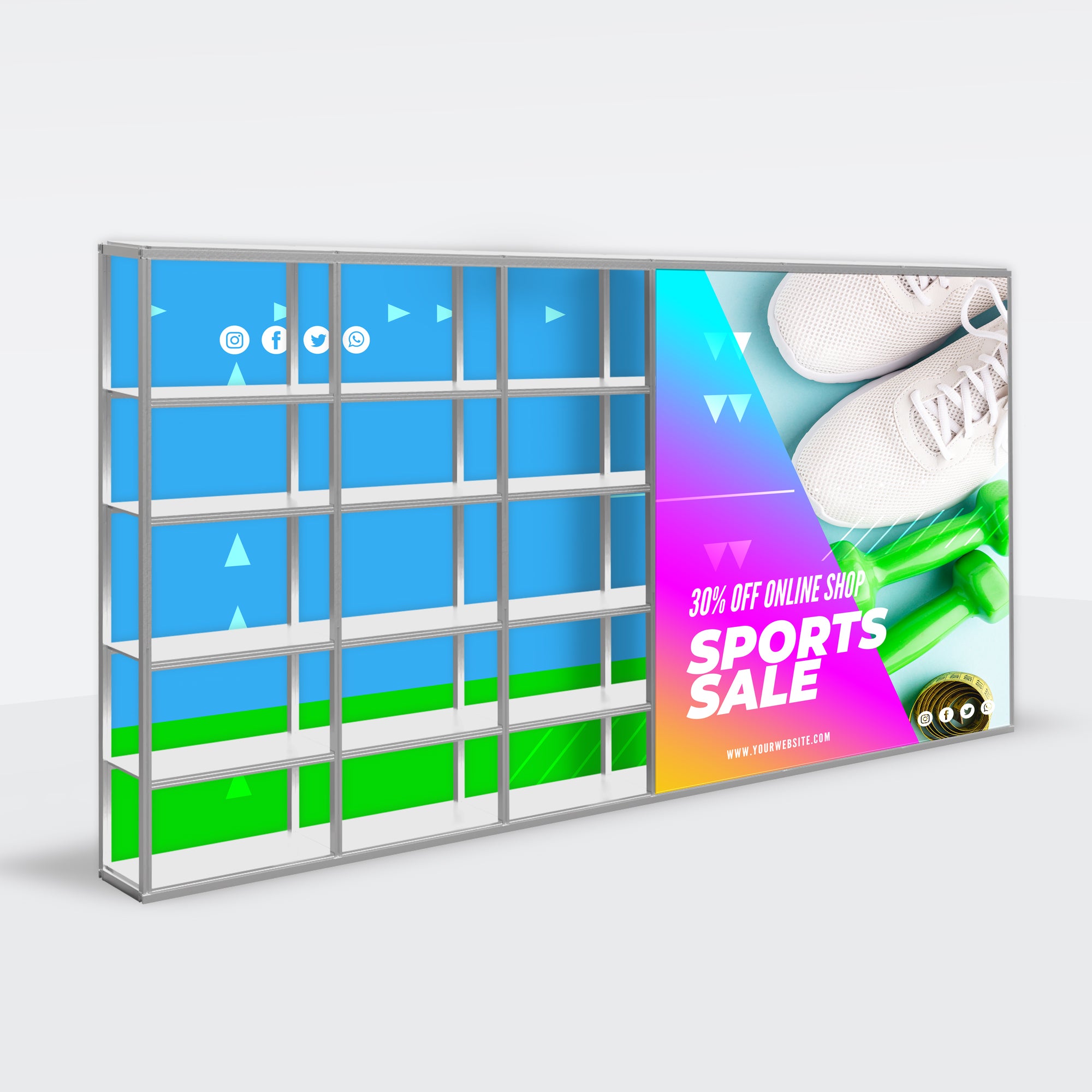 20ft Modular Rack (6 Section) ultra-wide trade show shelving display system with 5-tier adjustable panels and custom SEG fabric graphics