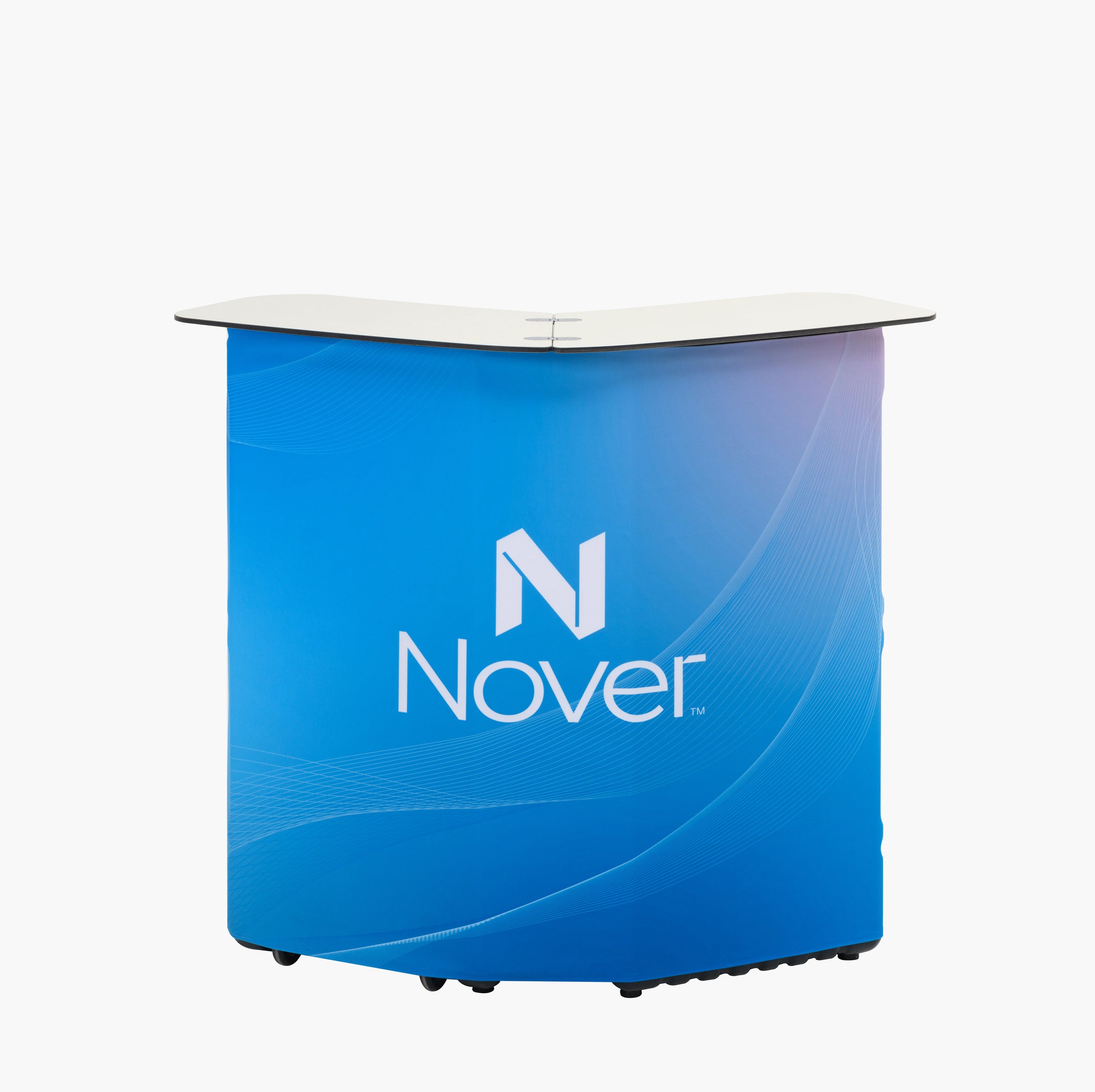 Portable 2-in-1 hard case shell counter with custom branded fabric wrap for trade show reception