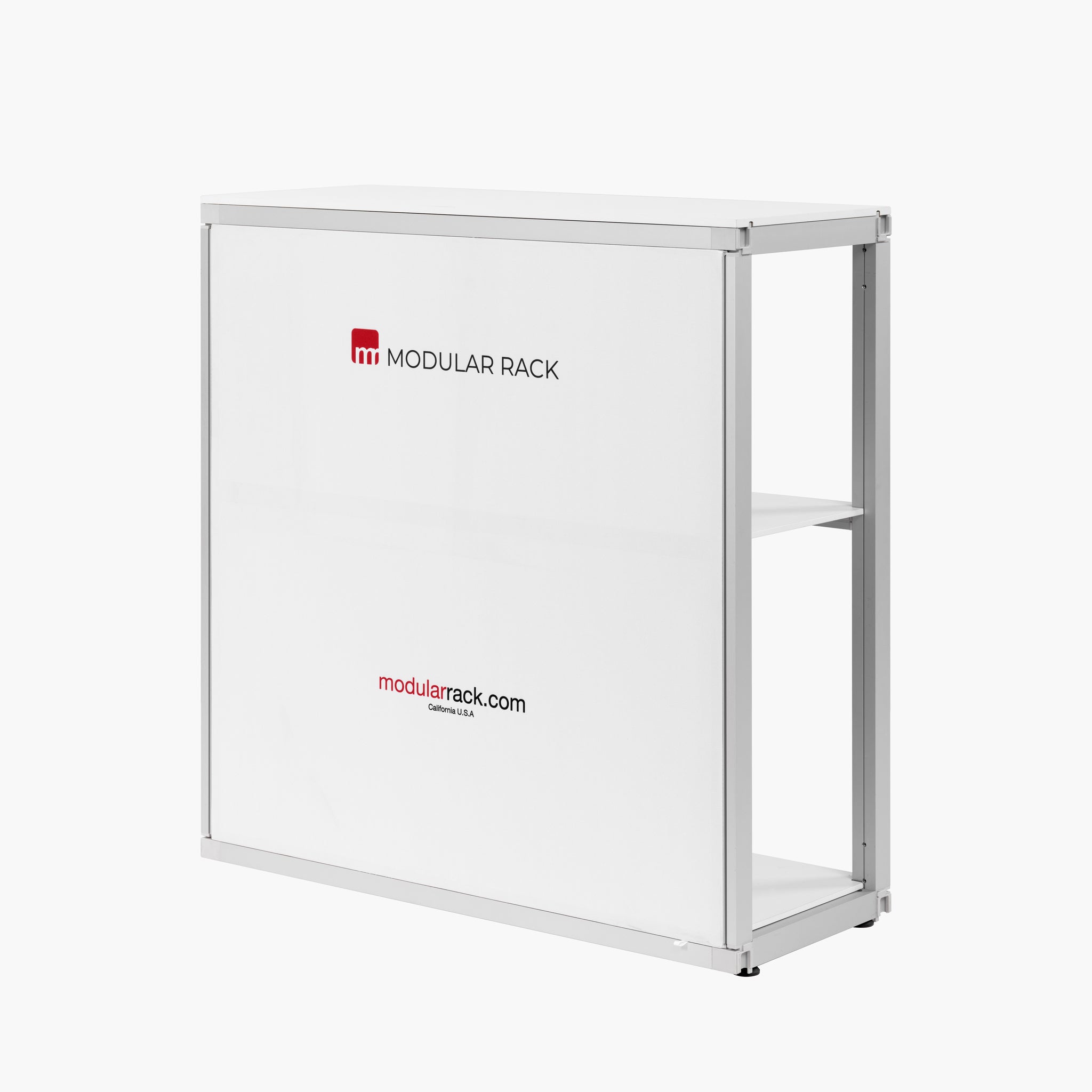 Modular Rack 2-in-1 reception counter and product display table with custom SEG graphics