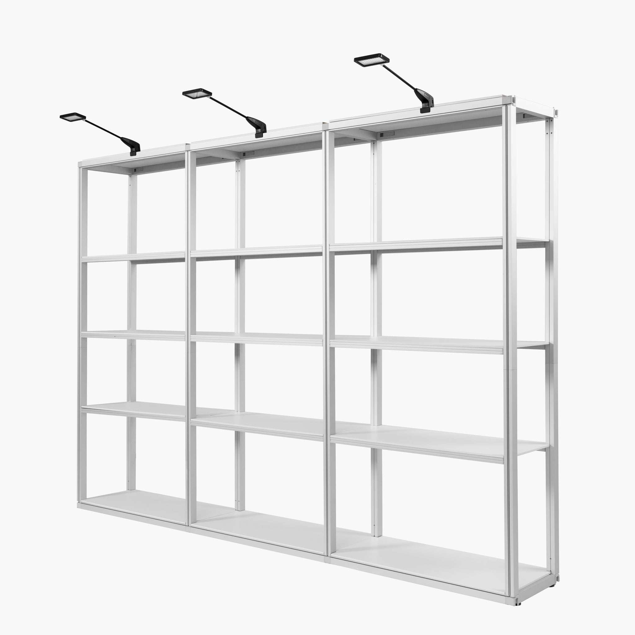 LED spotlight installed on a modular shelving rack highlighting trade show products