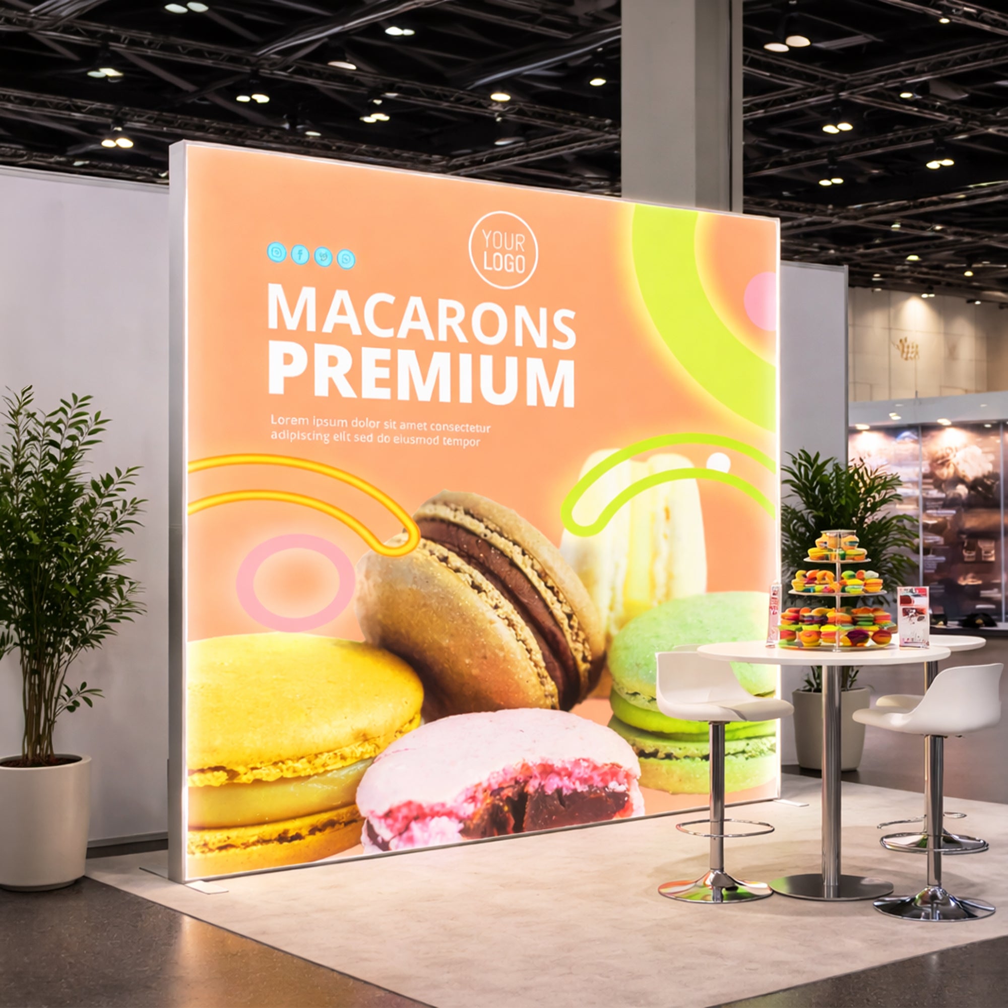Lifestyle view of a 10ft Qseg 60 backlit LED light box used as a high-impact trade show booth backdrop with custom graphics