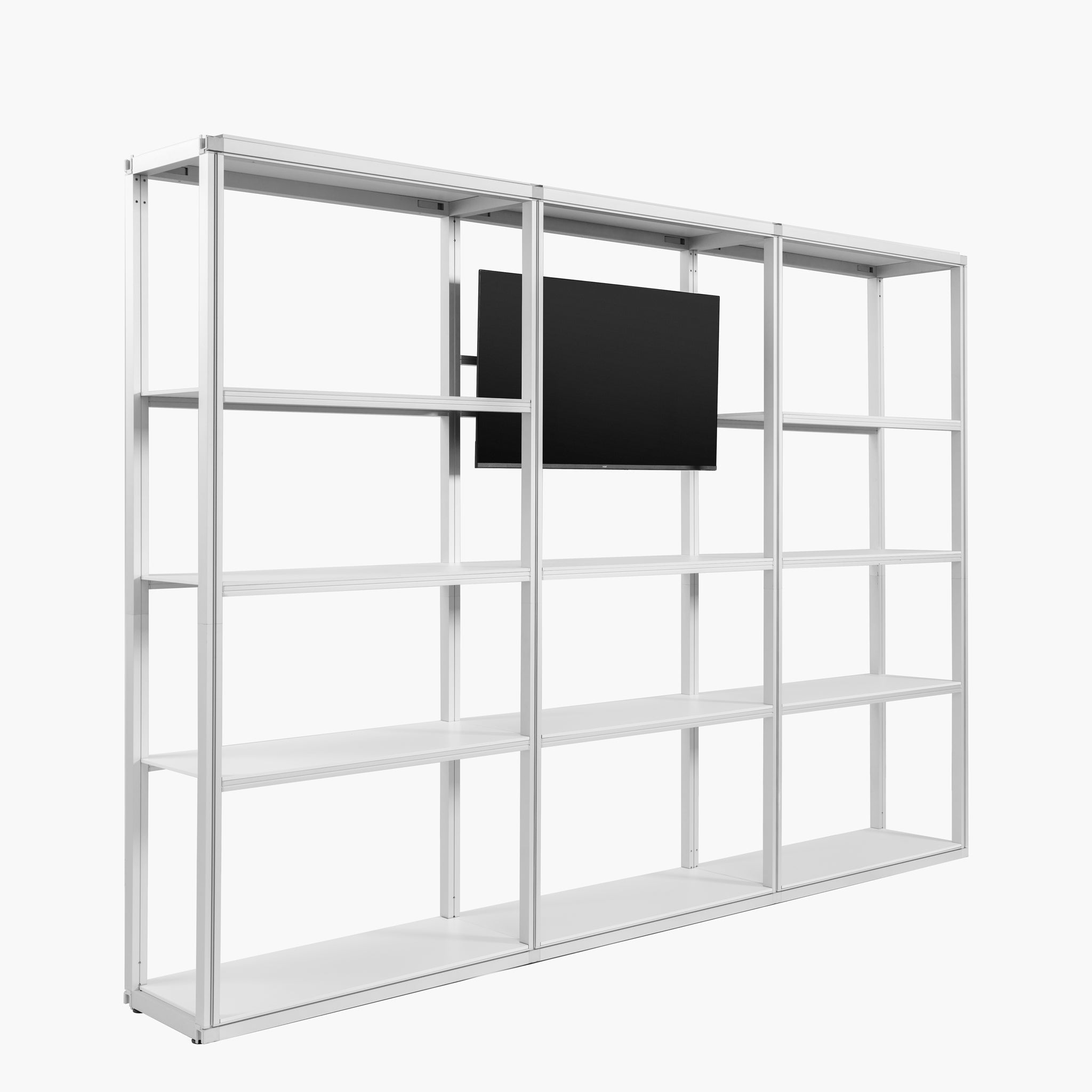 Integrated TV bracket for modular rack system with mounted flat screen monitor