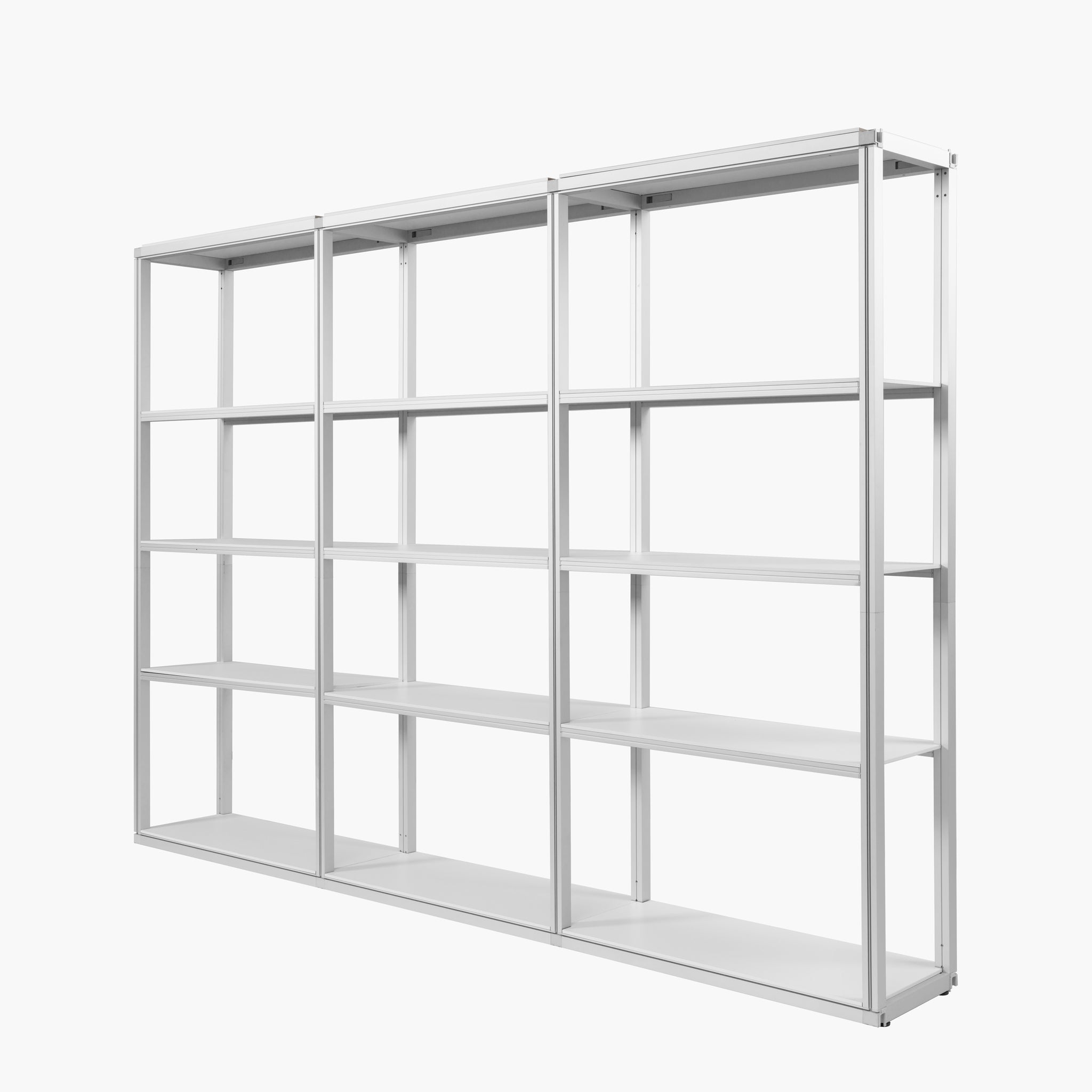 10ft Modular Rack (3 Section) heavy-duty shelving backdrop system with five tiers of integrated shelving and customized graphics