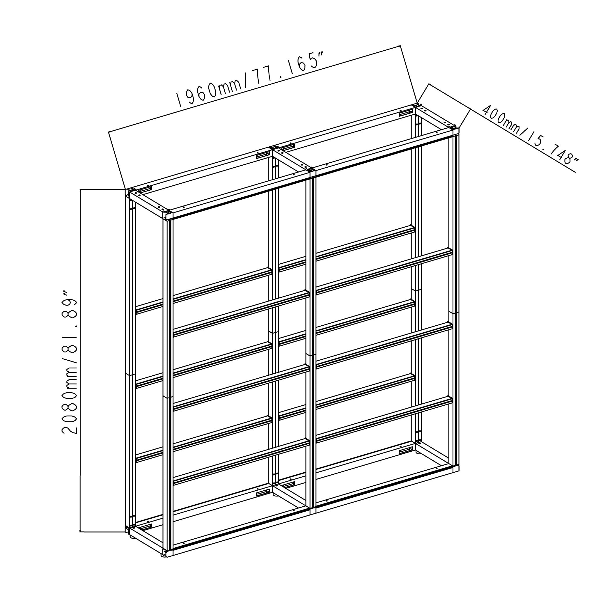 Dimensions for 2-section modular shelving rack: 77.17in x 15.75in x 81.89in