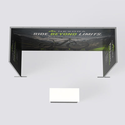 Bird's-eye view of a 10ft U-shaped Qseg 40 non-backlit trade show booth layout with custom fabric graphics and an exhibition counter desk.