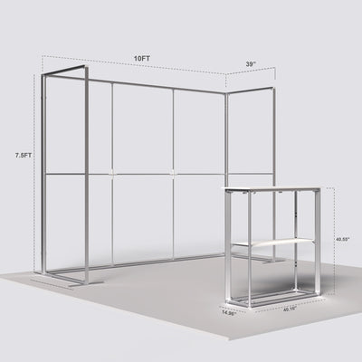 Perspective view of a 10ft U-shaped Qseg 40 exhibition booth aluminum frame and counter showing full technical layout dimensions.