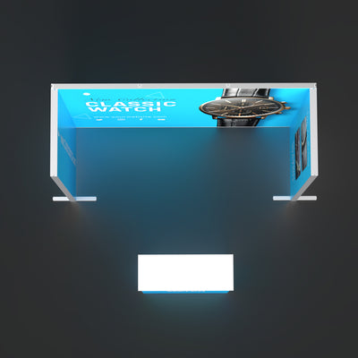 Bird's-eye view of a 10ft U-shaped Qseg 60 backlit light box booth layout with an illuminated Qbic 60 counter desk.