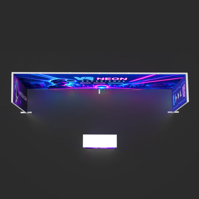 Bird's-eye view of a 20ft U-shaped LED backlit trade show booth with custom VR Neon Experience graphics and an illuminated front counter.