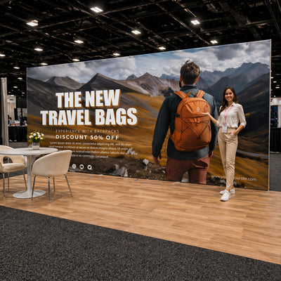 20ft Qseg 40 large scale trade show backdrop wall with custom SEG fabric graphics in an exhibition hall