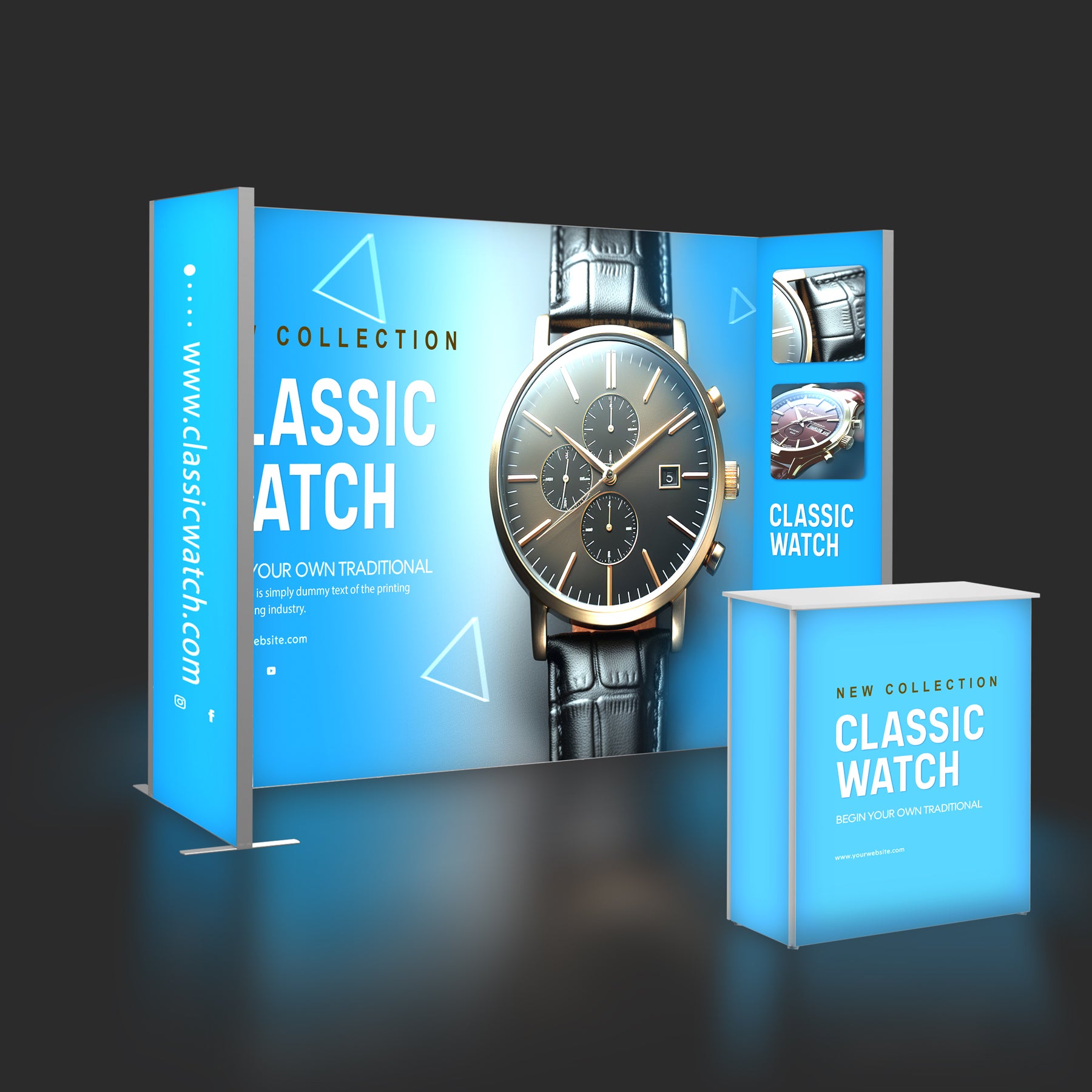 Elevate your brand with our 10ft U-Shape Backlit Booth. Tool-free assembly, vibrant LED light boxes & matching counter. Shop this complete exhibition kit now!
