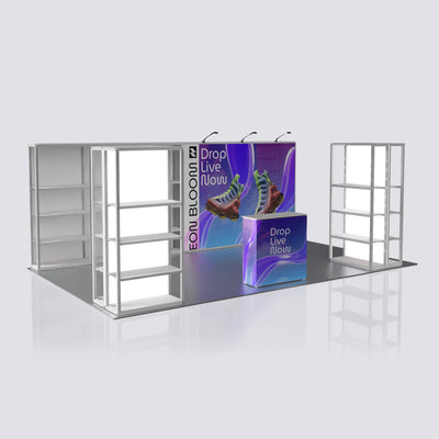 Front view overview of a 20ft modular rack trade show booth system, showcasing a 6-section back wall shelving, four independent shelving towers, and a centered front counter.