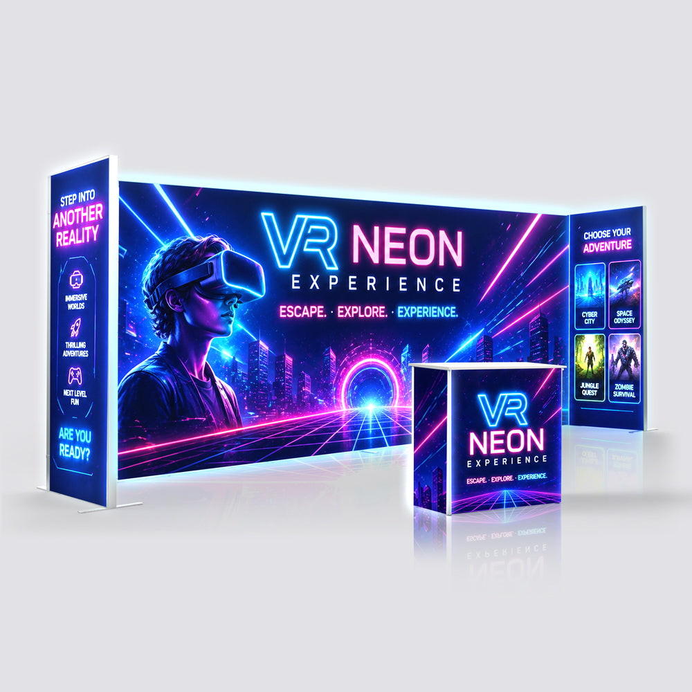 20ft U-shape Qseg 60 backlit trade show booth with VR Neon Experience branding and matching LED counter