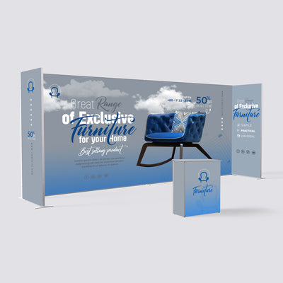 20ft Qseg 40 U-shape trade show booth kit with two 10ft backdrops and Qbic 40 counter