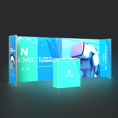 20ft Qseg modular trade show booth display by Nover Display featuring bright cyan and blue SEG fabric graphics, VR headset visual, and a matching front counter.