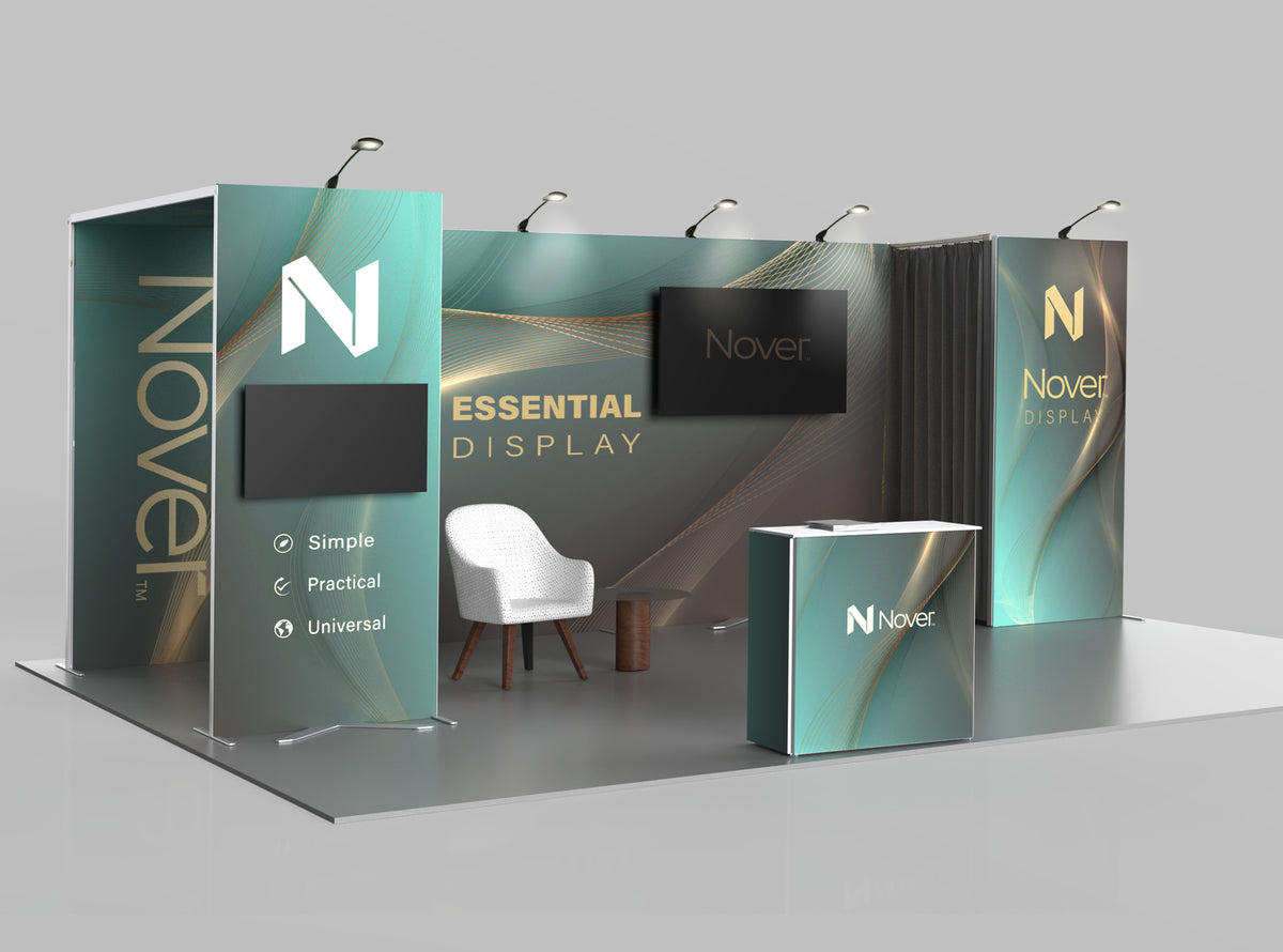 Custom 10x20 trade show booth display with SEG graphics, counter, lighting and monitor stand