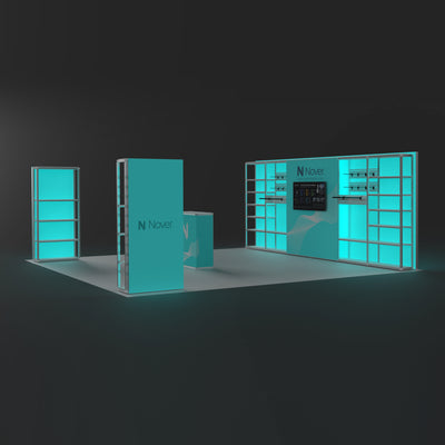 20ft × 20ft Island Backlit & Shelving Booth – Modular Rack + Double-Sided Light Box Kit 20202