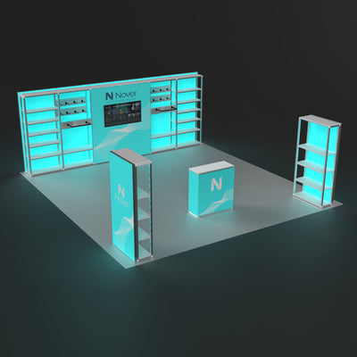 20ft × 20ft Island Backlit & Shelving Booth – Modular Rack + Double-Sided Light Box Kit 20202
