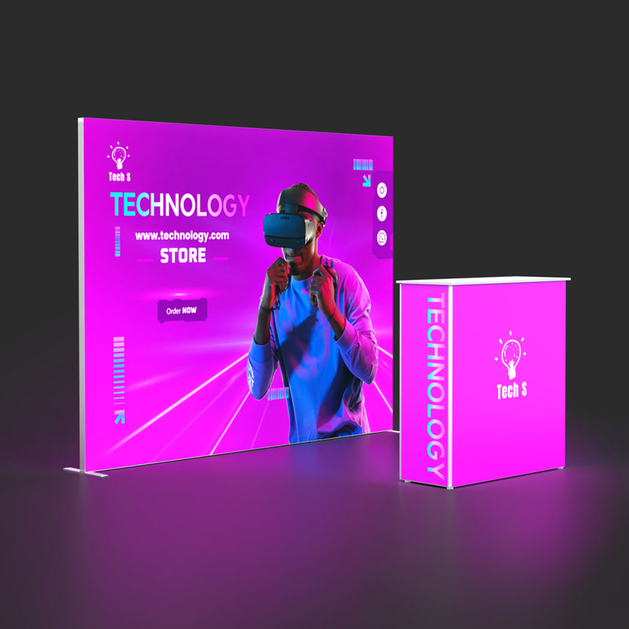 Front perspective view of a 10ft Qseg 60 backlit light box booth featuring an illuminated fabric backdrop and a matching Qbic 60 backlit counter.
