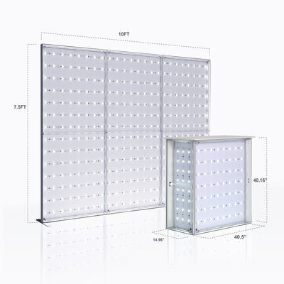 Technical dimensions diagram of a 10ft wide by 7.5ft high Qseg 60 backlit exhibition light box booth frame and counter skeleton.