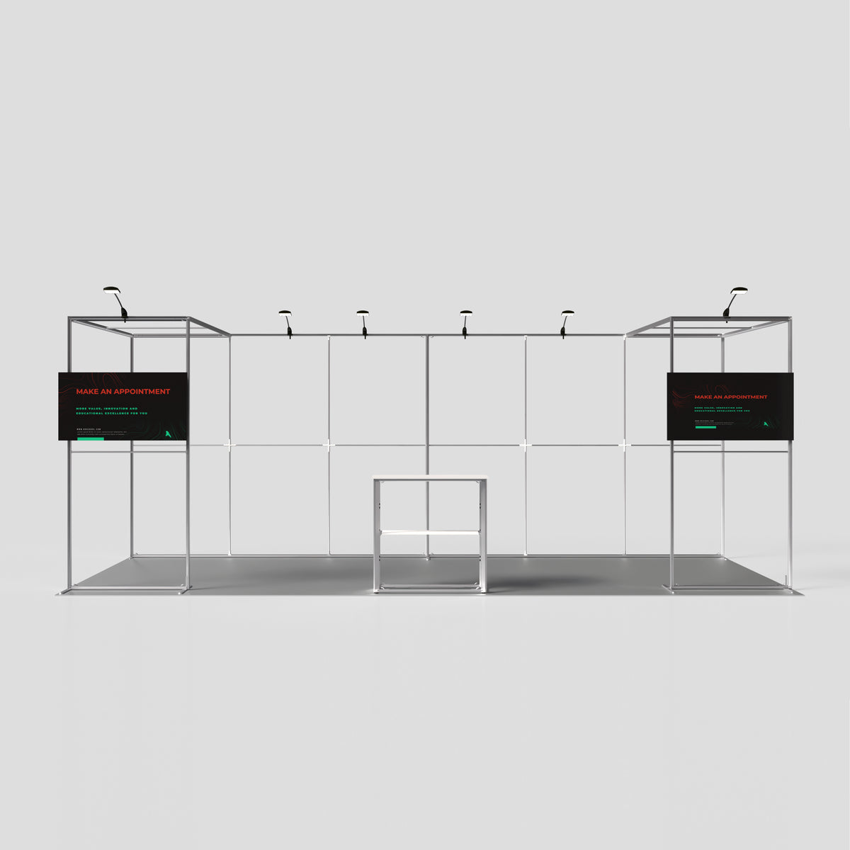 20ft QSEG 40 trade show booth structural frame featuring dual overhead bridges, integrated TV mounts, and center display counter.