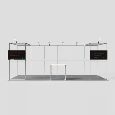 20ft QSEG 40 trade show booth structural frame featuring dual overhead bridges, integrated TV mounts, and center display counter.
