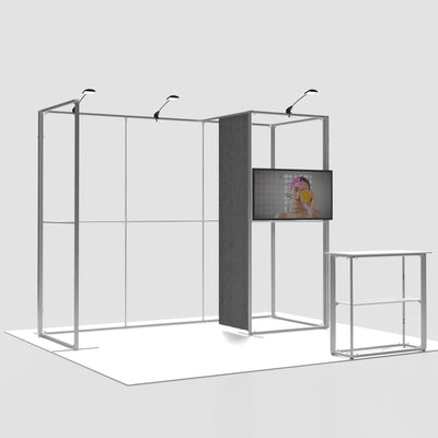 10ft U-shaped QSEG 40 trade show booth frame structure featuring an integrated storage closet, built-in TV mount, and a reception counter.