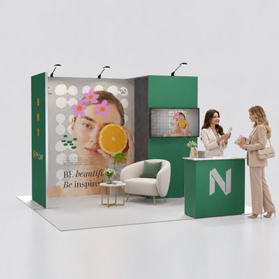 10ft U-shaped QSEG 40 trade show booth display featuring a storage closet, TV mount, custom printed backwall graphics, and a green reception counter.