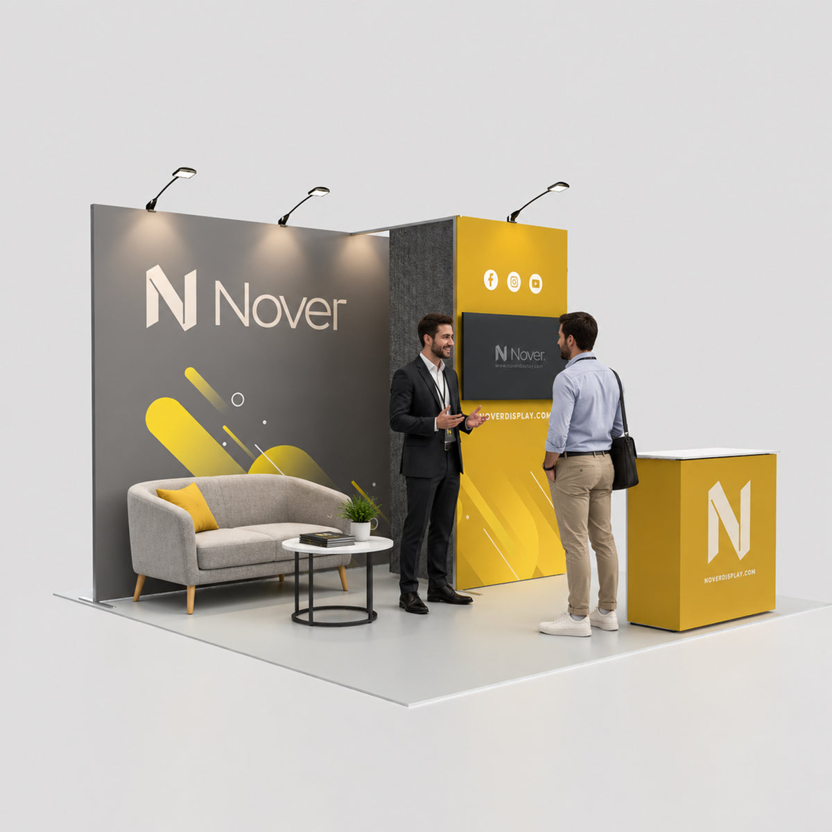 10ft trade show booth with QSEG 40 aluminum frame, featuring a custom printed graphic backwall, integrated storage closet with curtain entrance, and clean modern exhibition setup.