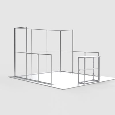 Bare aluminum frame structure of a 10ft U-shaped modular QSEG 40 trade show booth display with front counter frame.