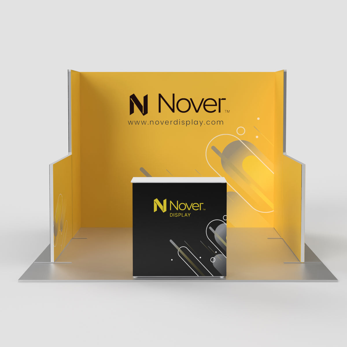 Front view of 10ft U-shaped trade show booth display featuring a branded backwall, side walls, low-wall extensions, and a matching front counter.