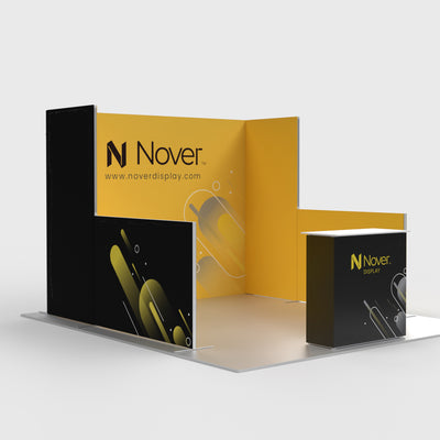 10ft U-shaped modular trade show booth display featuring a custom backwall, side walls, low-wall extensions, and a branded counter.