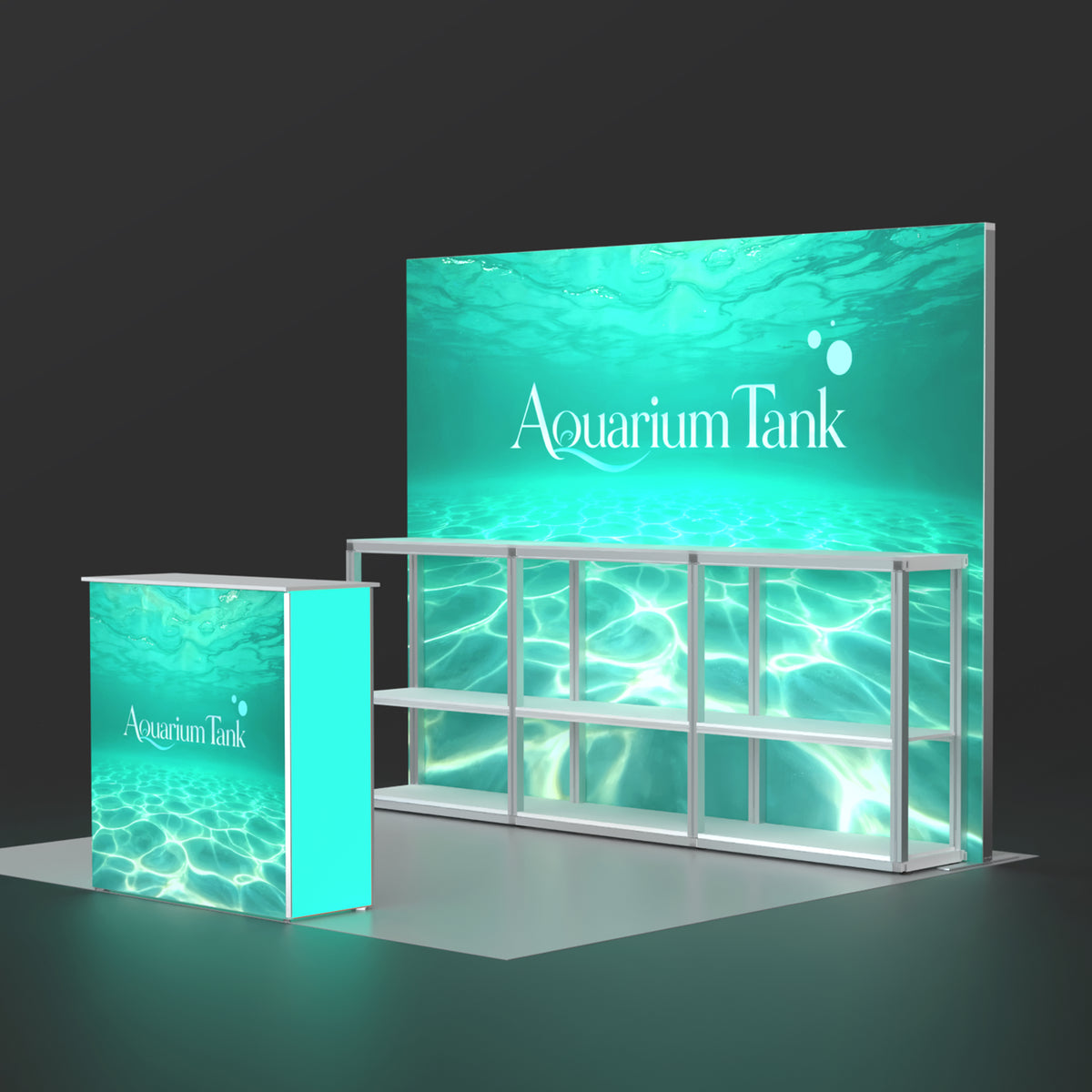 10ft Backlit Trade Show Booth with Shelving - Modular Rack + QSeg 60 Kit 101