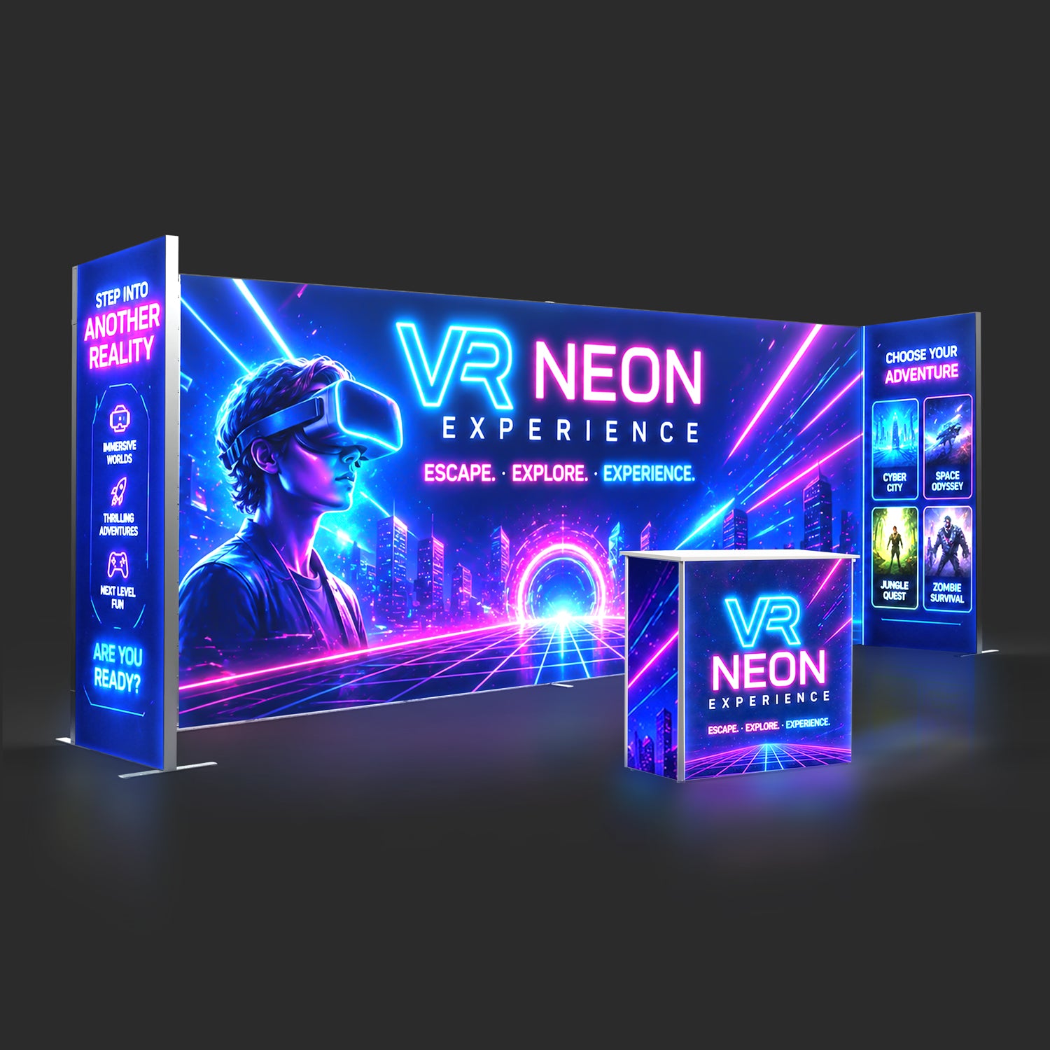 20ft U-shape Qseg 60 backlit trade show booth featuring VR Neon Experience branding with neon LED light boxes and a matching backlit counter