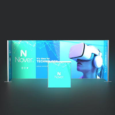 20ft Qseg modular trade show display booth by Nover Display featuring tech-themed cyan fabric backdrop, VR headset graphic, and matching branded front counter.