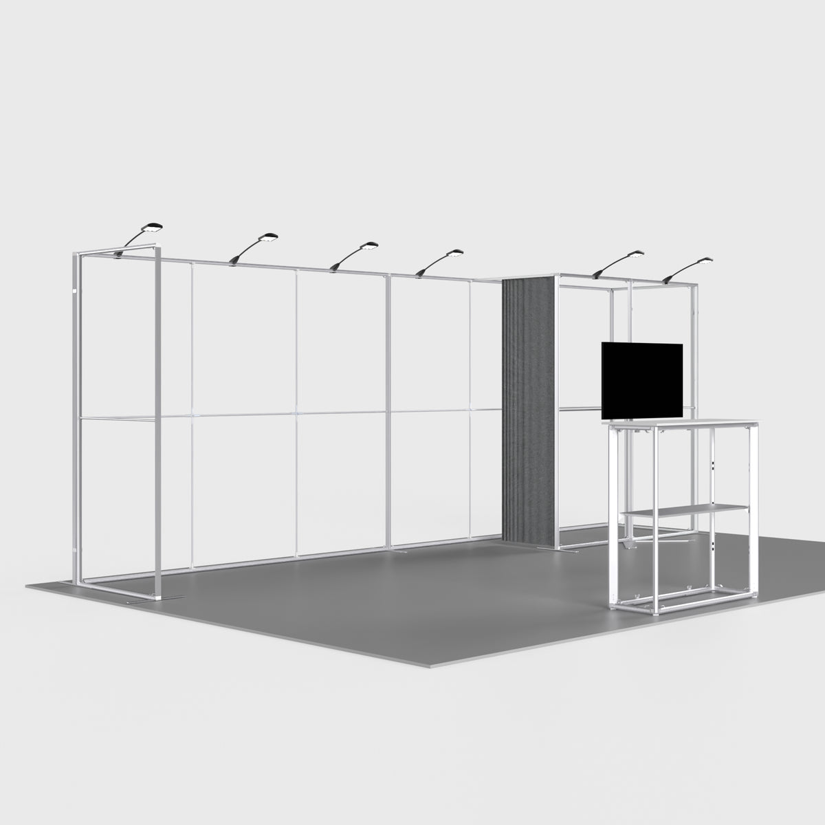 20ft U-shaped QSEG 40 trade show booth display featuring an integrated storage closet, TV mount, custom printed graphics, and shelving counter.