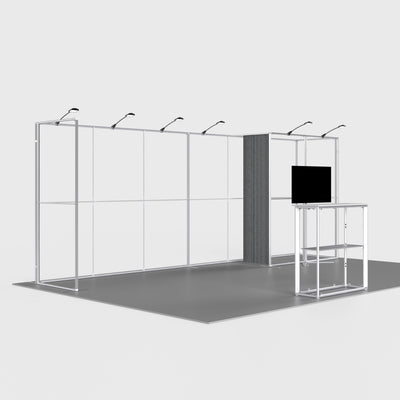 20ft U-shaped QSEG 40 trade show booth display featuring an integrated storage closet, TV mount, custom printed graphics, and shelving counter.