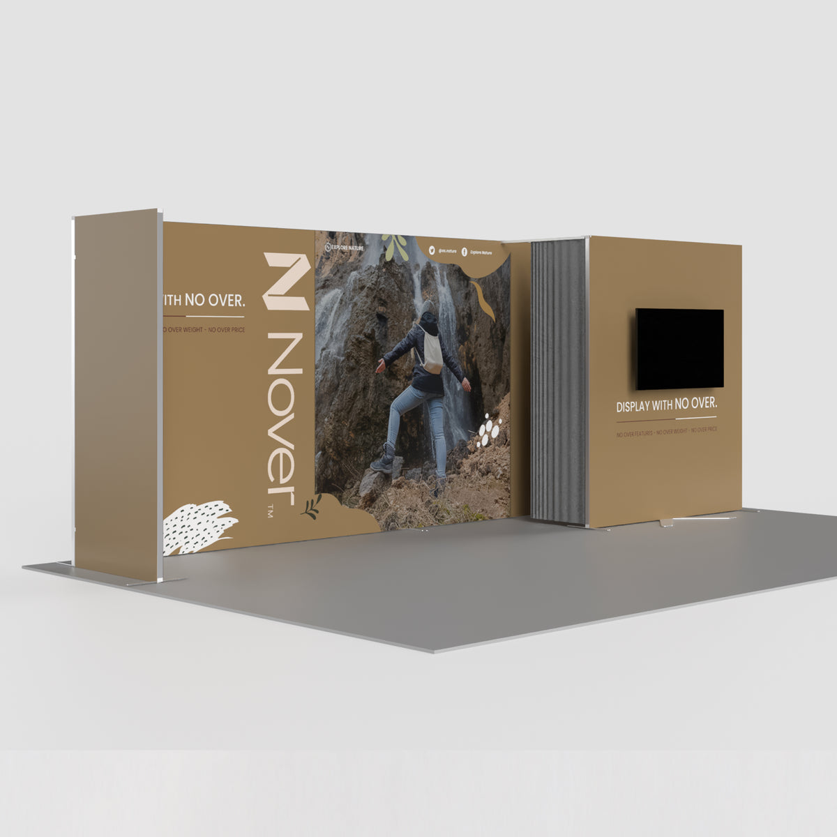20ft U-shaped QSEG 40 trade show booth display featuring an integrated storage closet, TV mount, custom printed graphics, and aluminum frame structure.