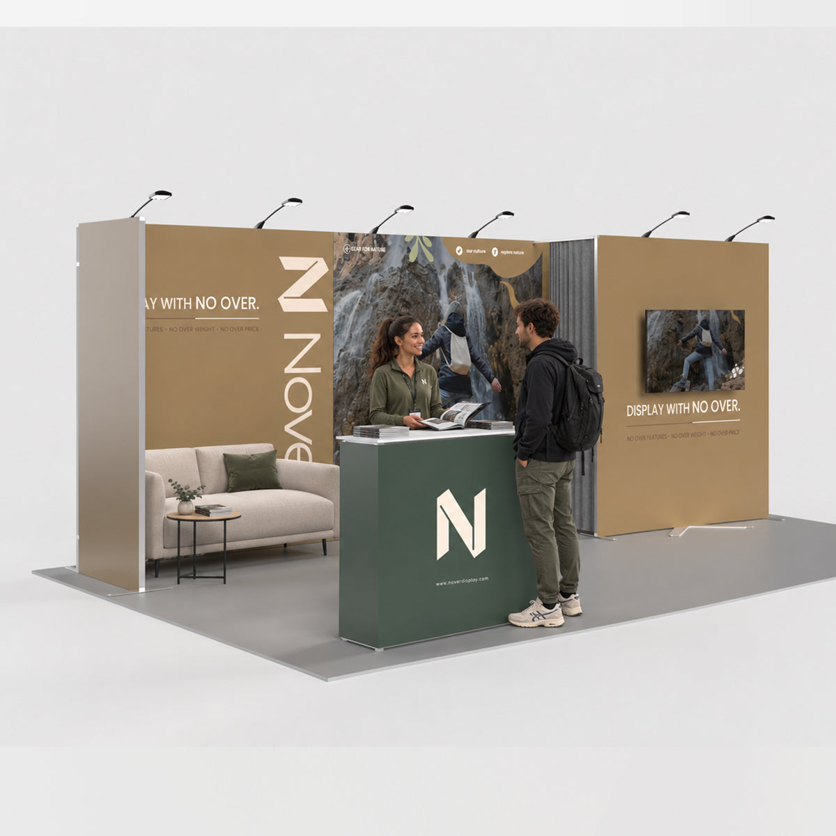 20ft U-shaped QSEG 40 trade show booth display with an integrated storage closet, TV mount, custom printed graphics, and reception counter.