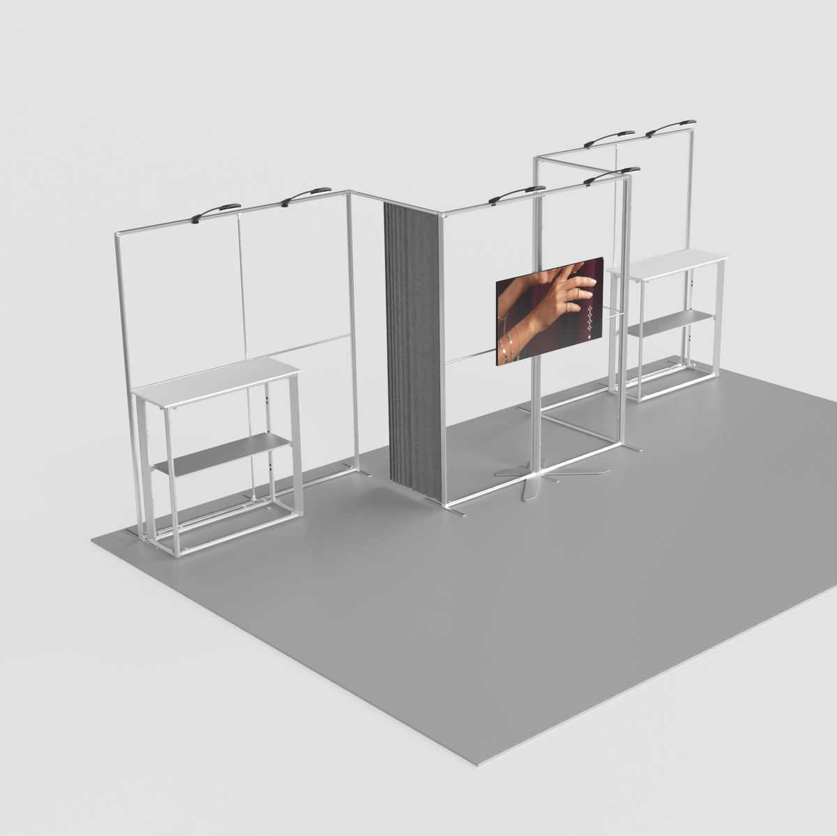 20ft QSEG 40 trade show booth display featuring an integrated central storage closet, TV mount, shelving units, and professional custom printed graphics.