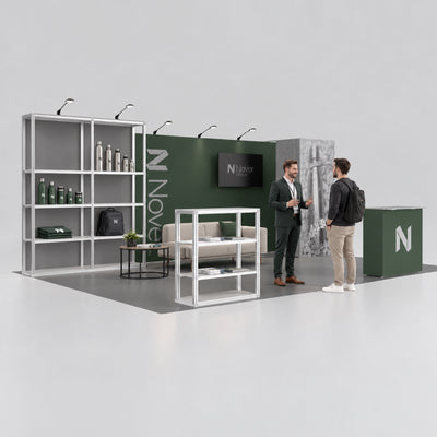 A modular 20ft trade show booth featuring a dark backdrop wall with integrated shelving units, an enclosed storage closet, a display counter, and a functional layout designed for product merchandising and customer interactions.
