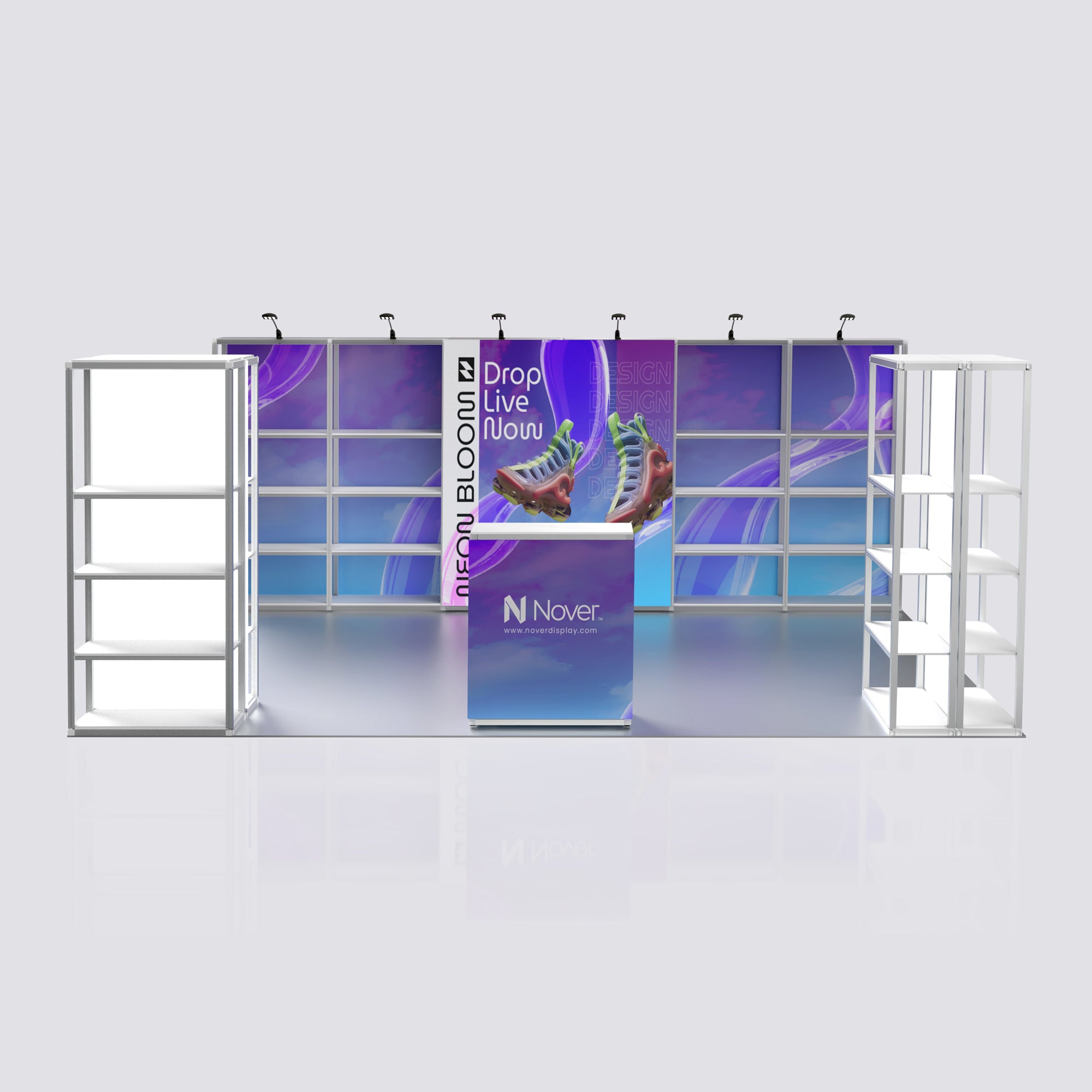 20ft modular exhibition booth display kit featuring purple and blue graphic backdrops, white aluminum shelving units on both sides, and a central podium on a light gray background.