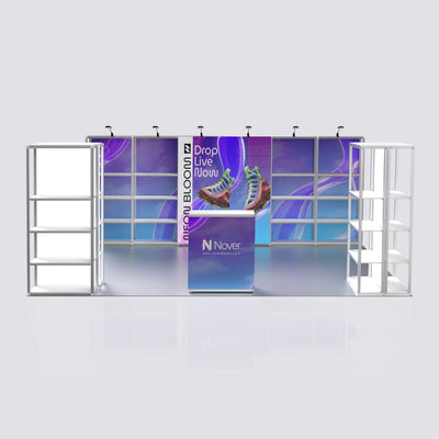 20ft modular exhibition booth display kit featuring purple and blue graphic backdrops, white aluminum shelving units on both sides, and a central podium on a light gray background.